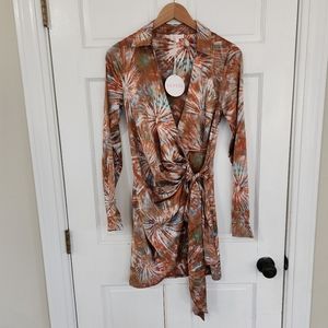 NWT Luxxel Tie Dye Print Satin Wrap Shirt Dress